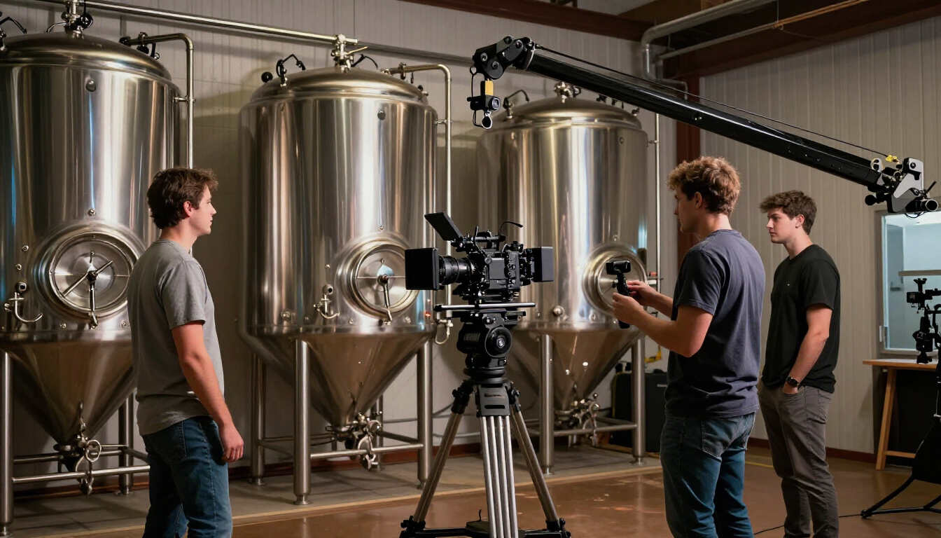 Three people work in a brewery, setting up a professional video camera and jib crane in front of large metal tanks.
