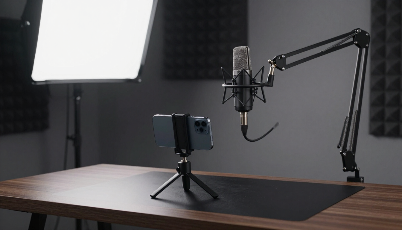 A smartphone on a tripod and a studio microphone on a boom arm sit on a wooden desk in a recording setup with soft lighting.