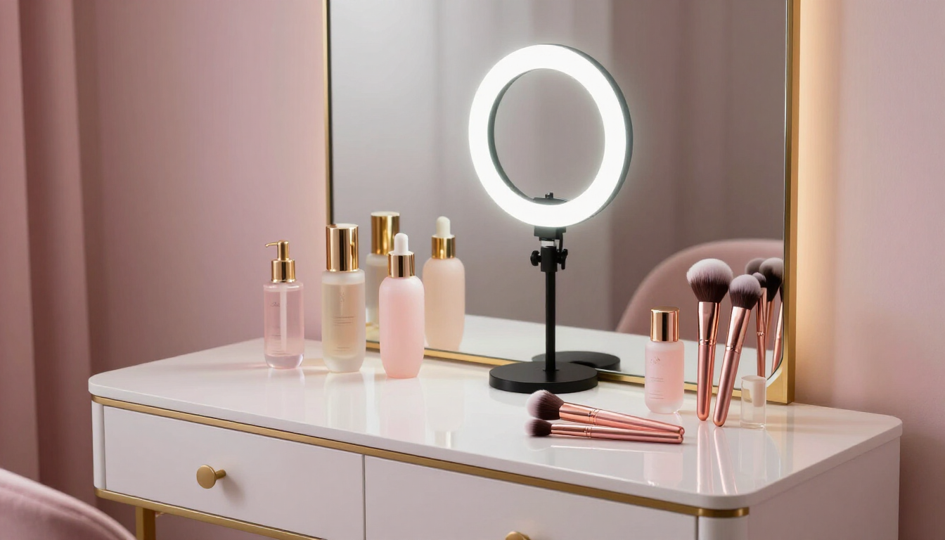 A collection of aesthetic beauty products and a ring light on a white desk.