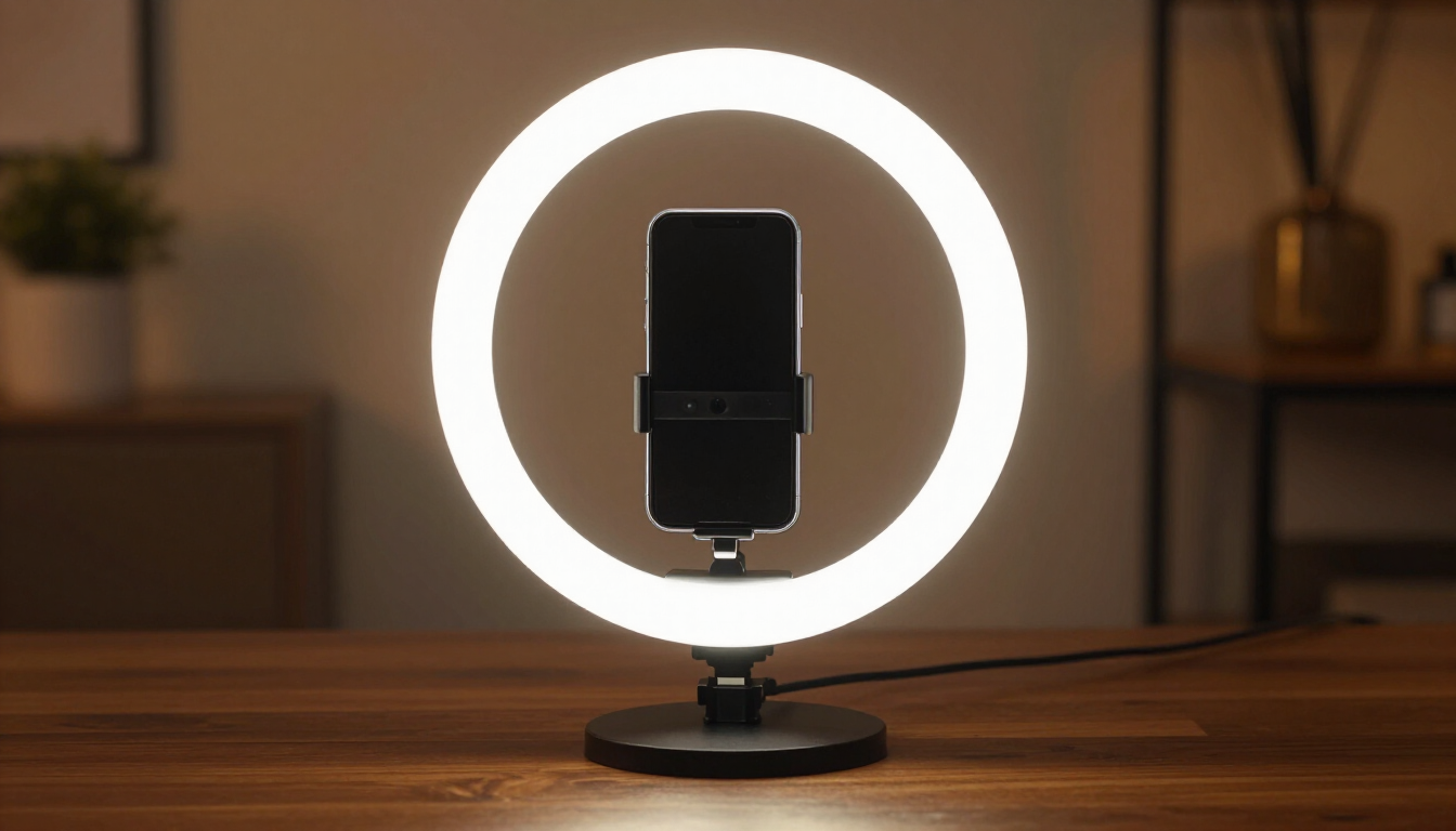 A professional ring light setup on a desk with a smartphone in the center.
