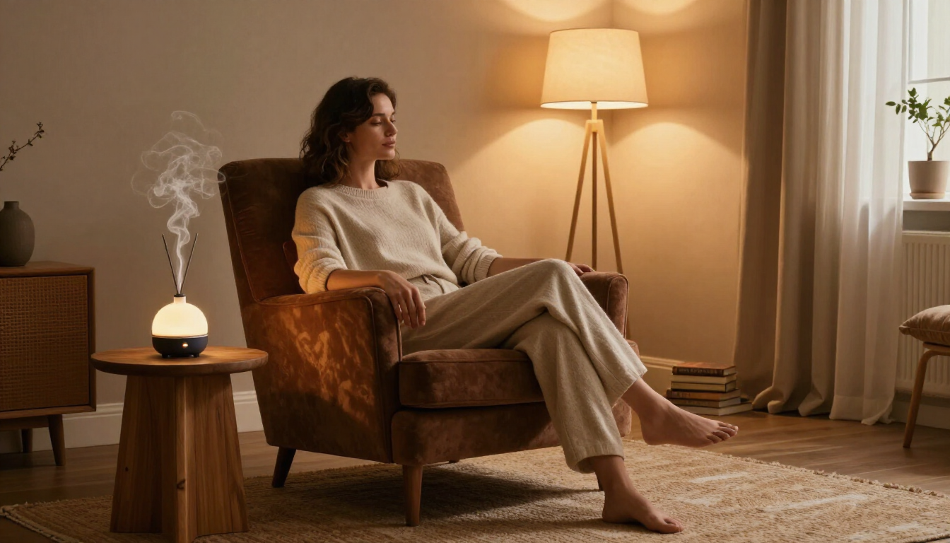 A woman content creator relaxing in a cozy chair with a weighted blanket and a diffuser in the background.