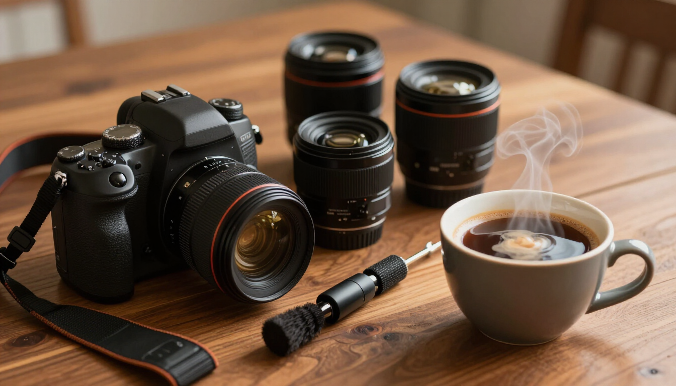 Organized camera gear and coffee for a post-shoot reset.