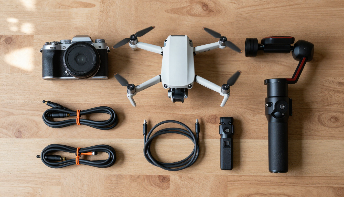Travel essentials for content creators kit including camera and drone.