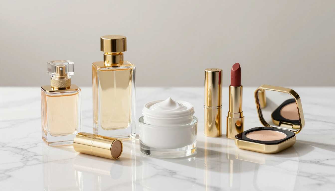 High-end luxury beauty products on a marble vanity