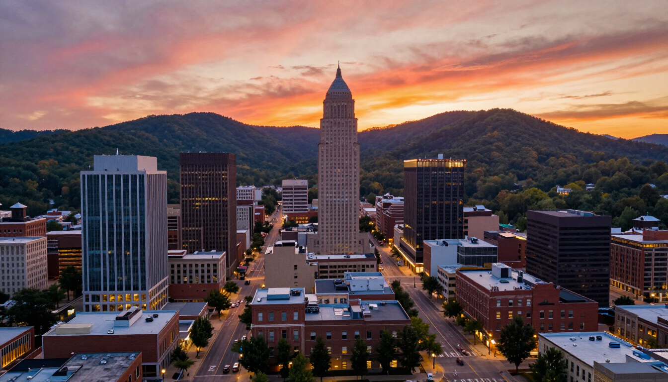 Aerial view of Asheville mountains and cityscape during sunset
