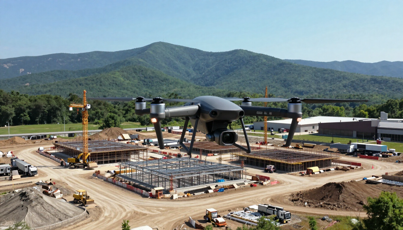 High-resolution aerial view of an Asheville construction site captured by a professional drone.
