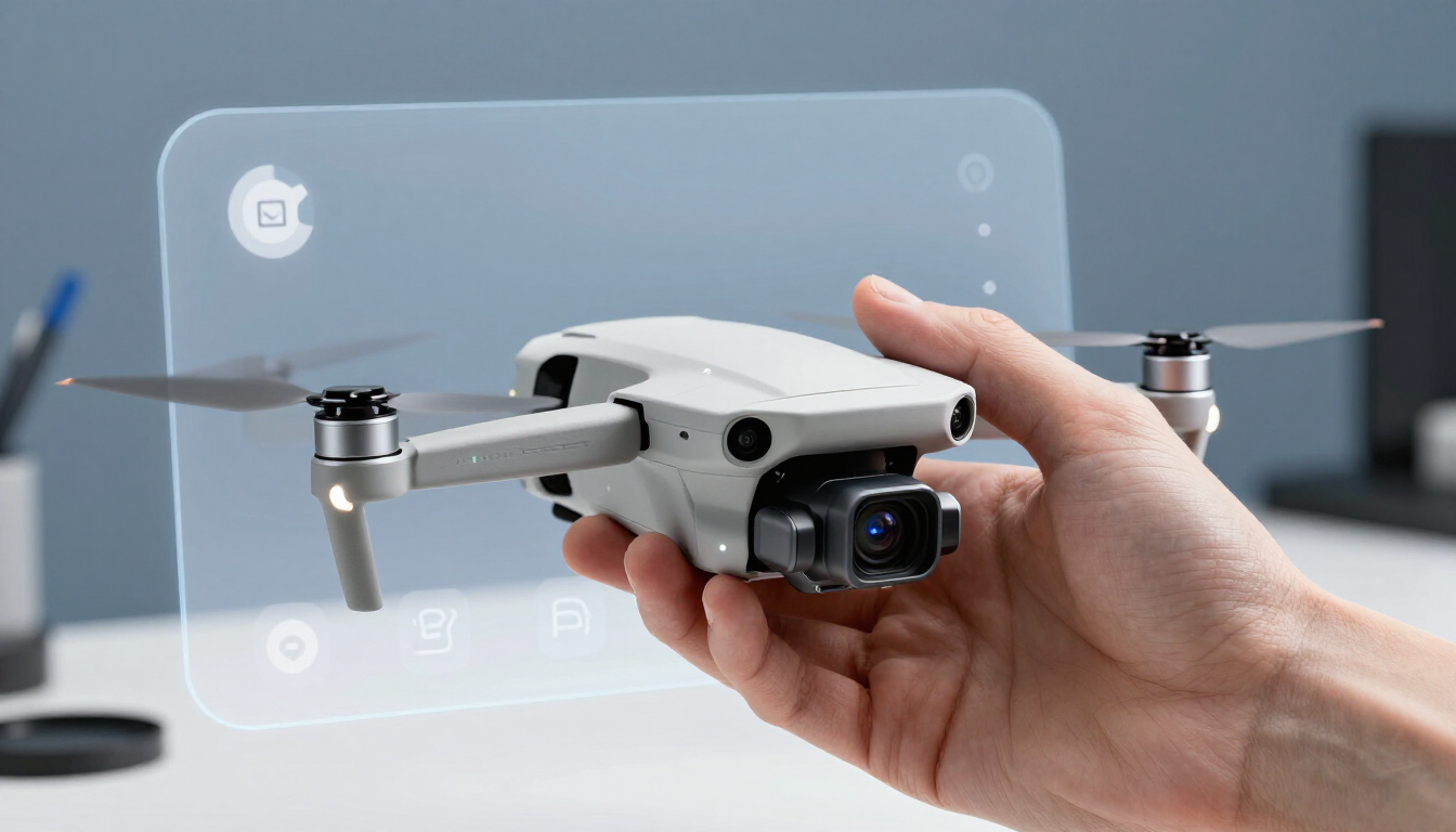 Sleek compact drone sitting on a rocky mountain overlook at sunset