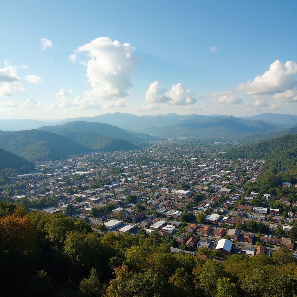 Aerial view of a town nestled in a valley surrounded by forested mountains under a partly cloudy blue sky.