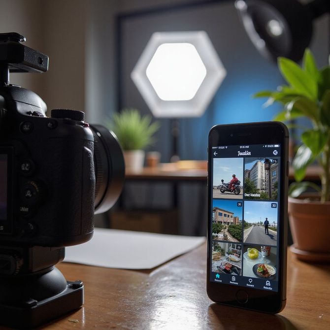 Camera setup on desk with a smartphone showing a photo gallery in a softly lit room