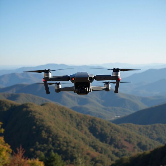 Drone flying over mountain ridges under a clear blue sky