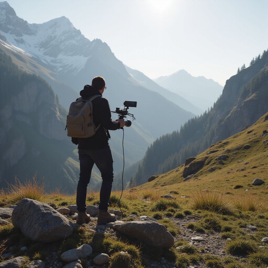 Man filming a mountain vista with a camera. He wears a backpack and stands on a grassy hillside.