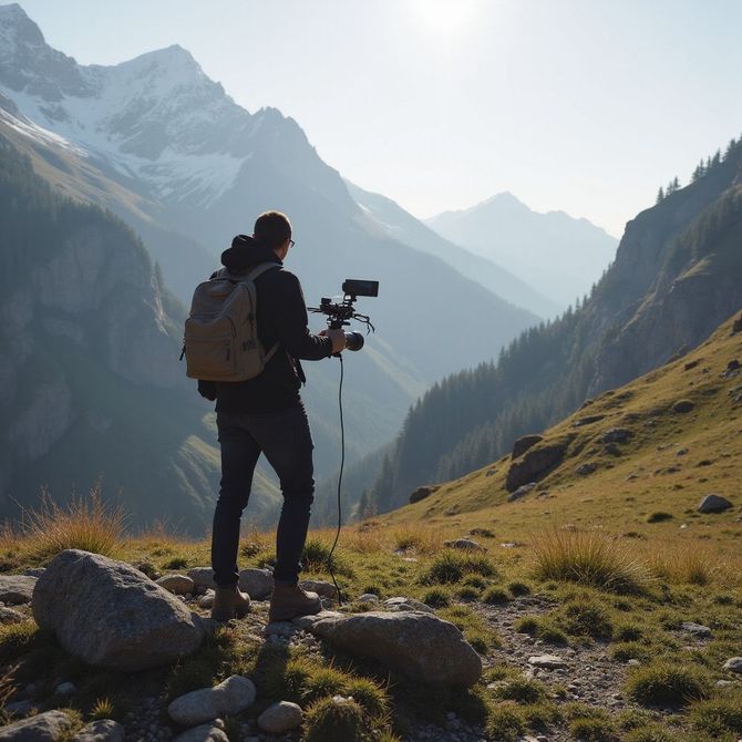 Hiker with backpack filming mountains at sunrise in a grassy alpine valley