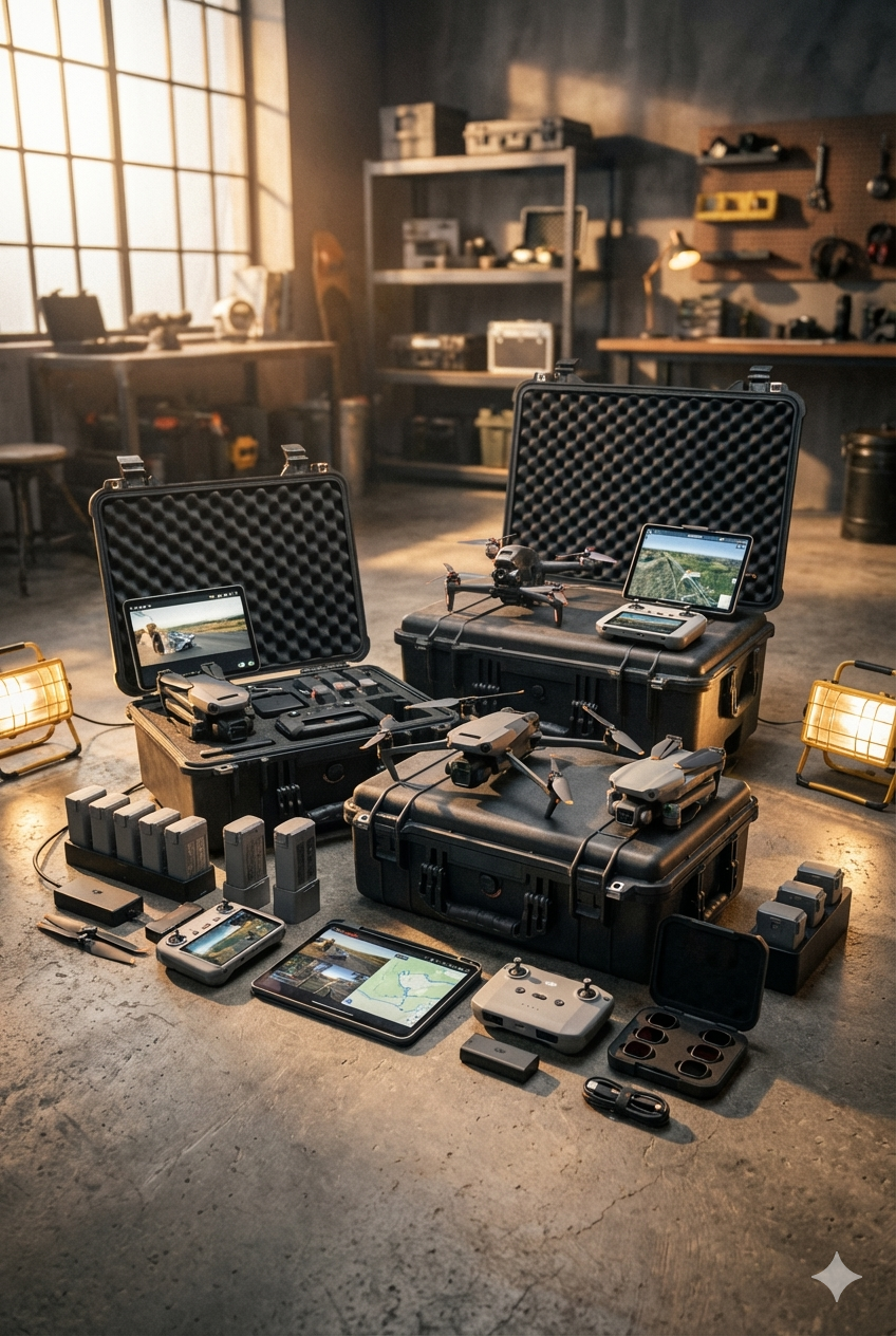 Two open hard-shell cases with drones, controllers, batteries, and equipment arranged on a workshop floor.