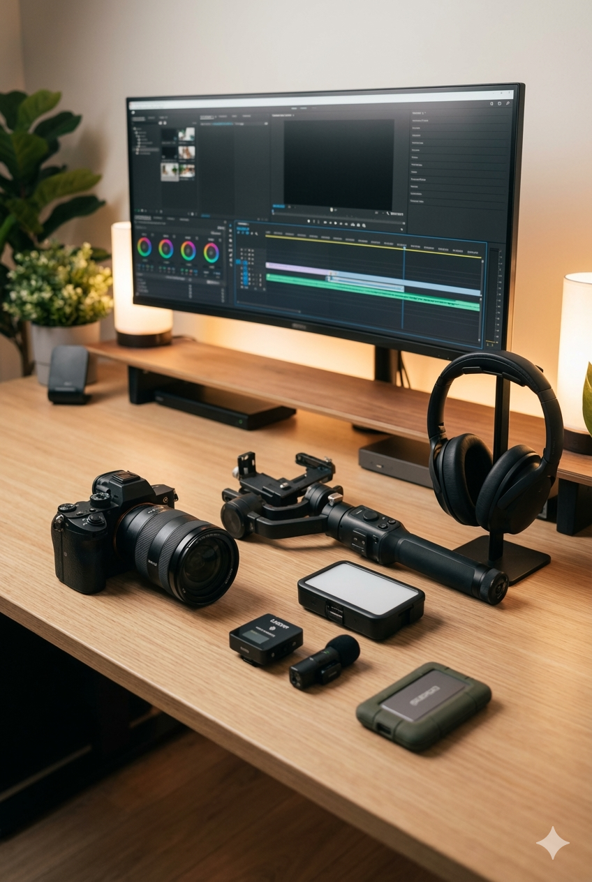 A desk with a video editing monitor, a camera, a gimbal, headphones, lighting, a microphone, and a hard drive.
