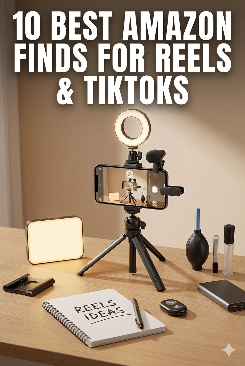 A tripod setup for filming content on a desk, featuring a ring light, microphone, notebook, and various tech accessories.
