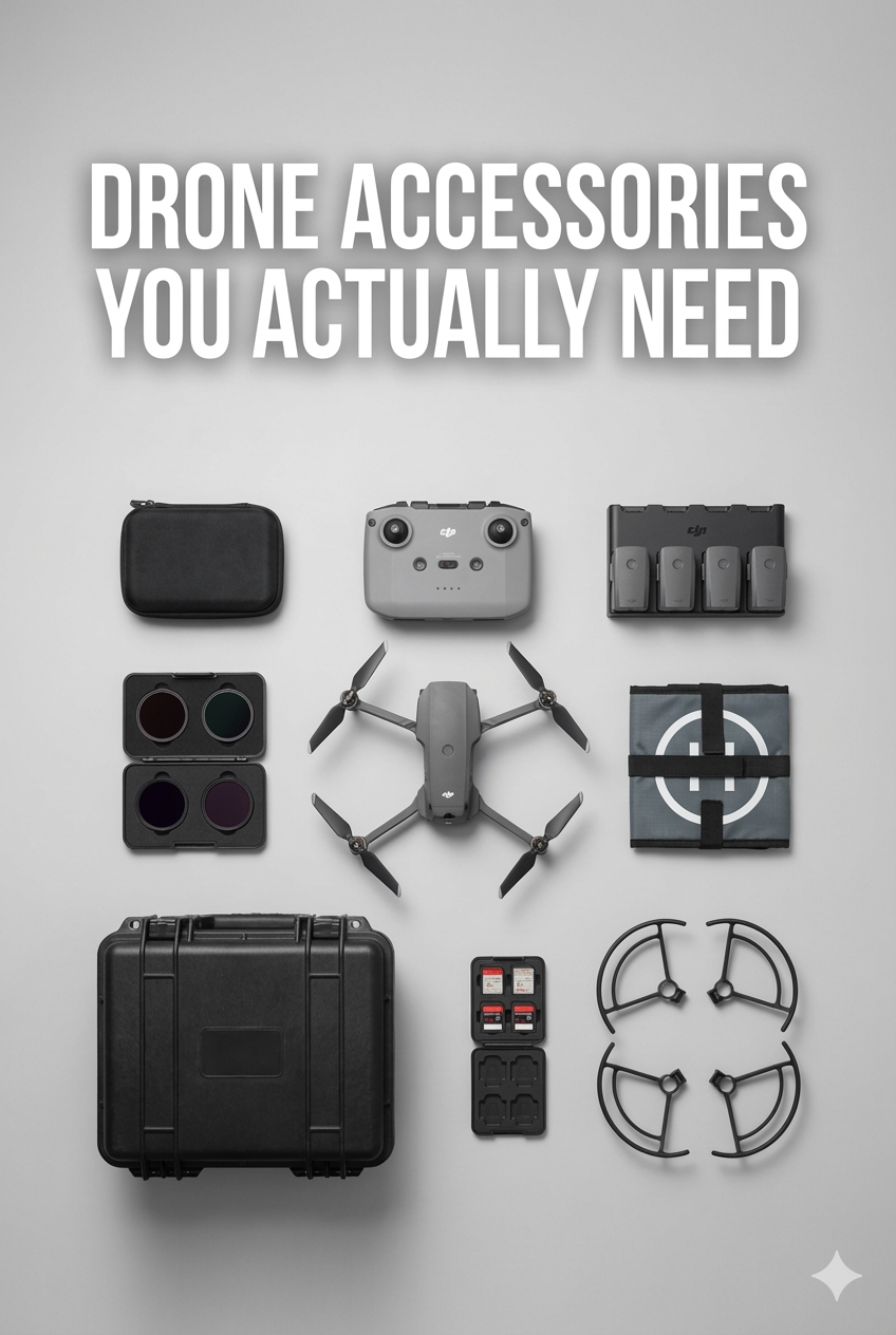A drone and various accessories like a controller, hard case, filters, landing pad, and propeller guards, neatly arranged.