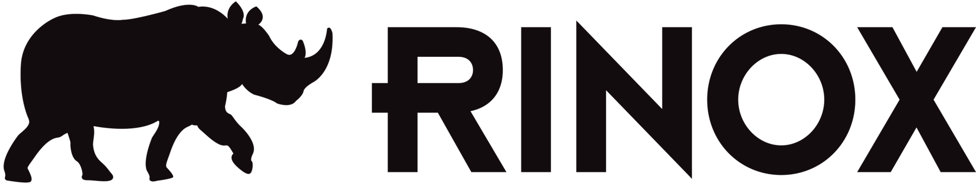 Silhouette noire d'un rhinocéros marchant vers la gauche ; texte « RINOX » à côté en gras, police sans empattement.