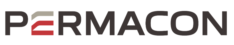 Logo PERMACON avec « E » stylisé en rouge et gris.