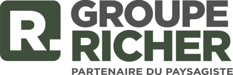 Logo du Groupe Richer : carré vert foncé avec un « R » blanc, « GROUPE » en gris, « RICHER » en vert foncé et « PARTENAIRE DU PAYSAGISTE » en gris.
