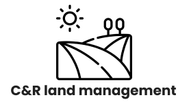 Landscape icon with sun, fields, and trees, labeled "C&R land management."