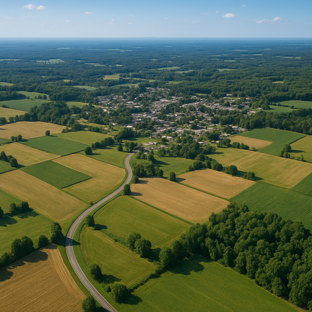 An aerial view of a lush green field with trees and a road.