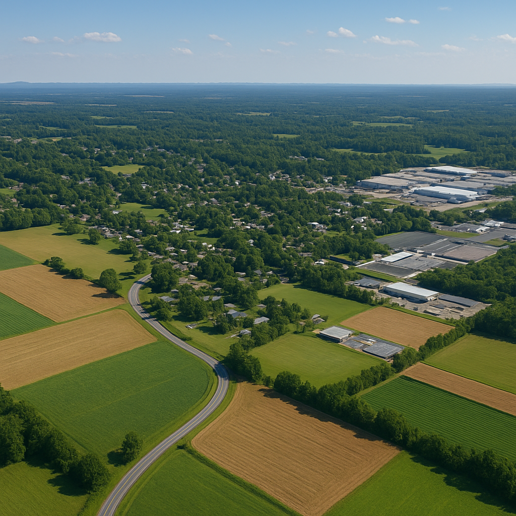 An aerial view of a lush green field with trees and a road.