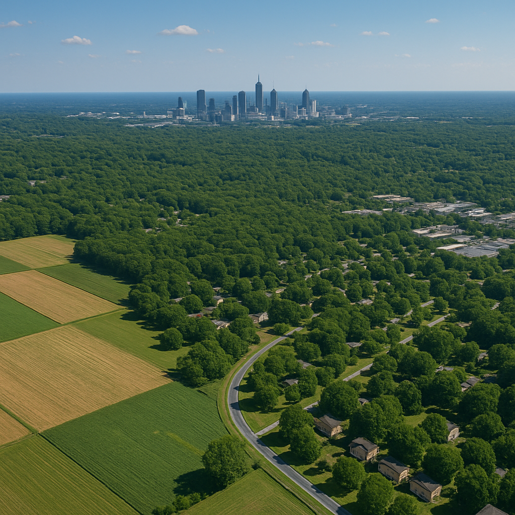 An aerial view of a highway intersection with a city in the background.