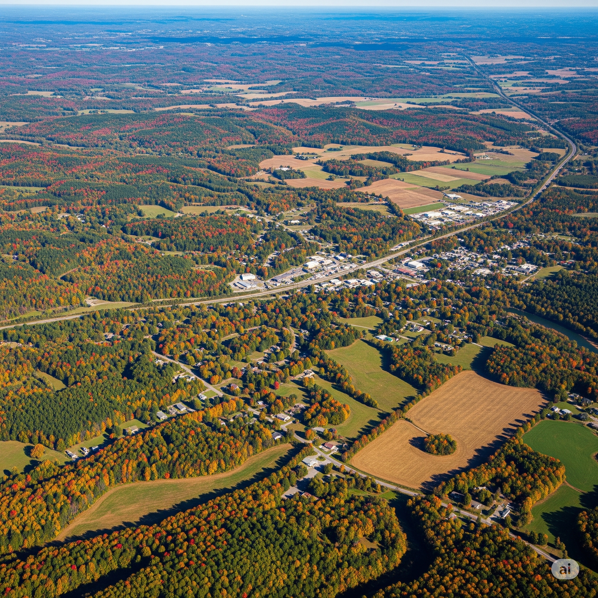 An aerial view of a lush green field with trees and a road.