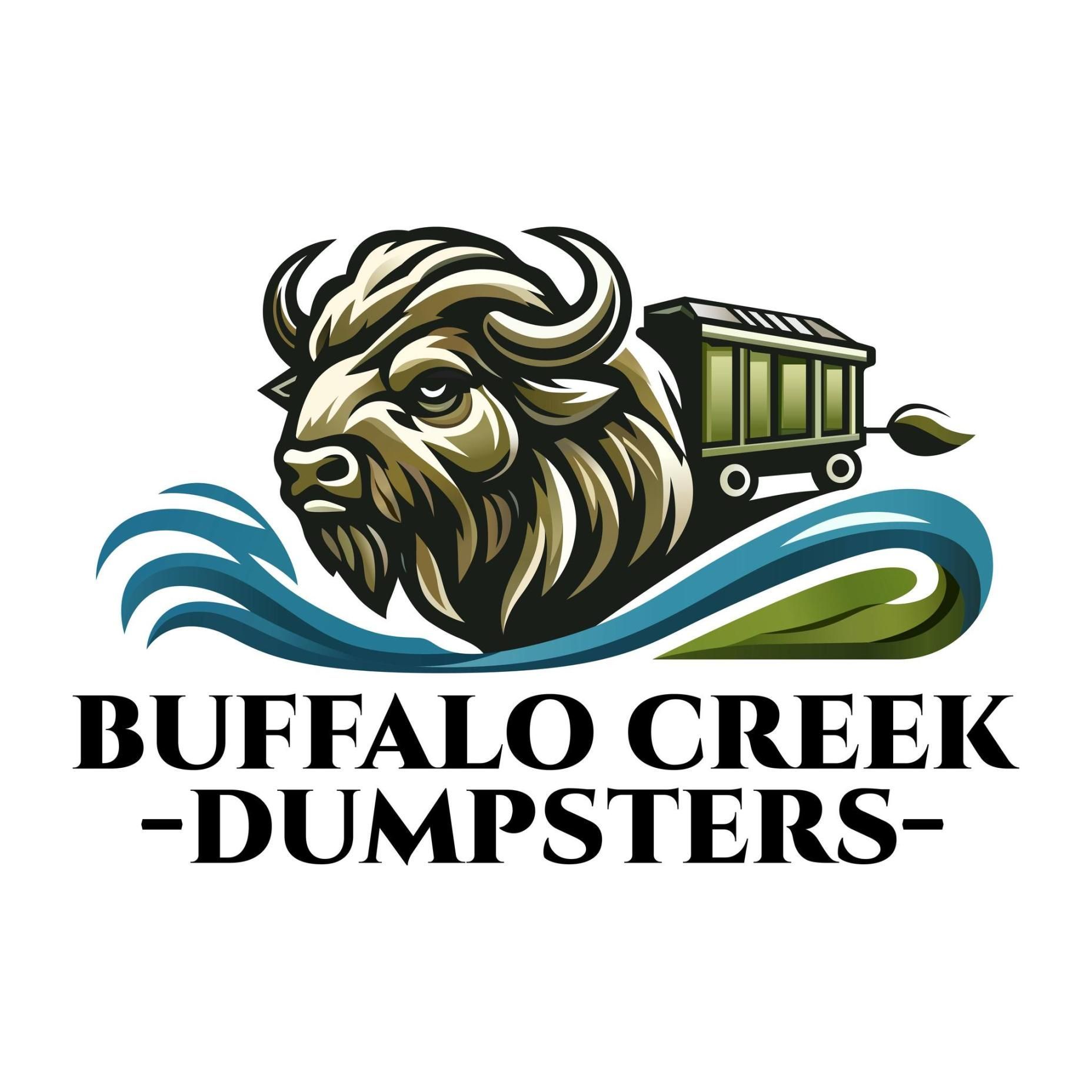 Logo for Buffalo Creek Dumpsters: a bison head emerges from blue and green waves with a small green dumpster on wheels behind it.