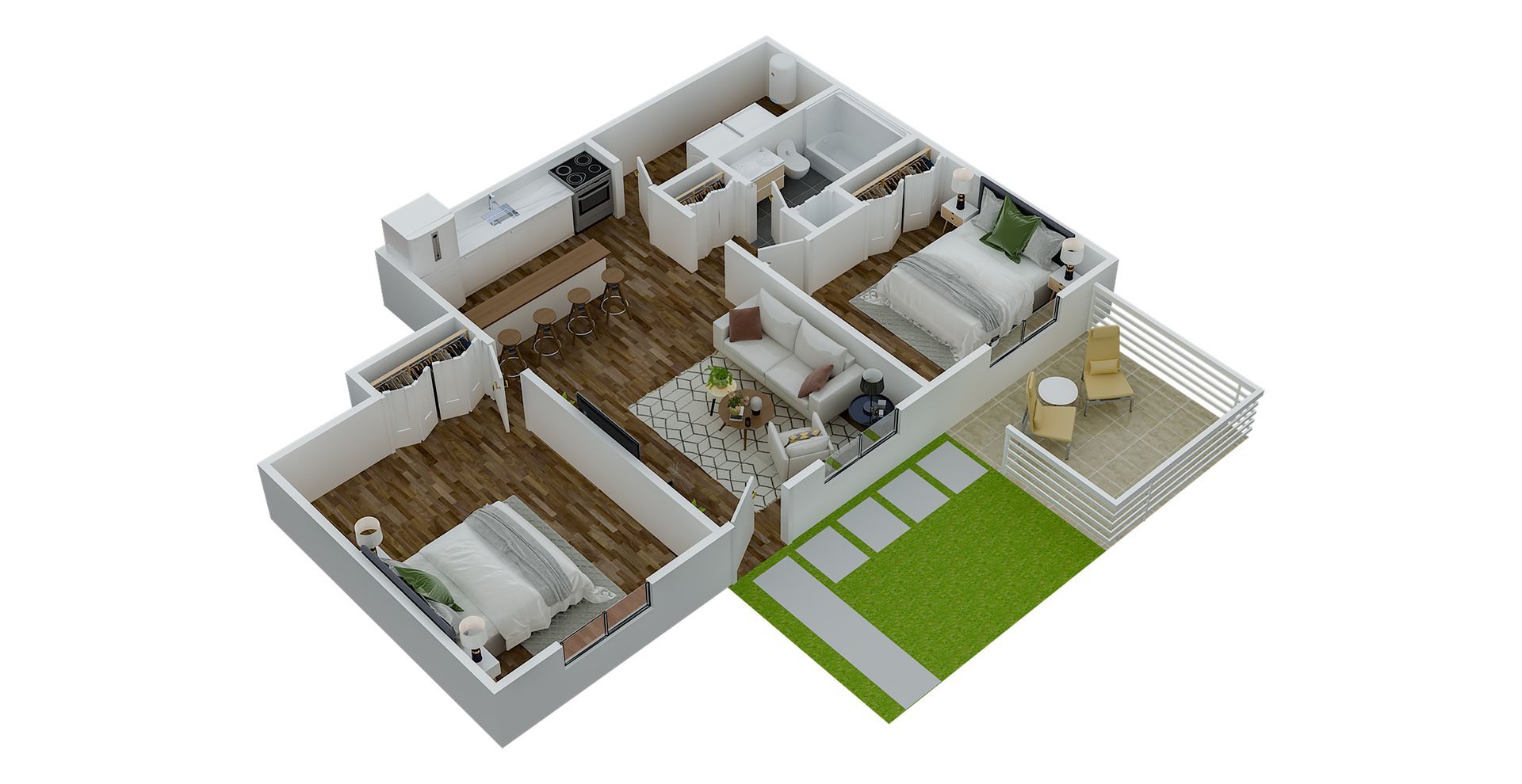 3D floor plan of a two-bedroom apartment, showing rooms, furniture, and a balcony with outdoor seating.