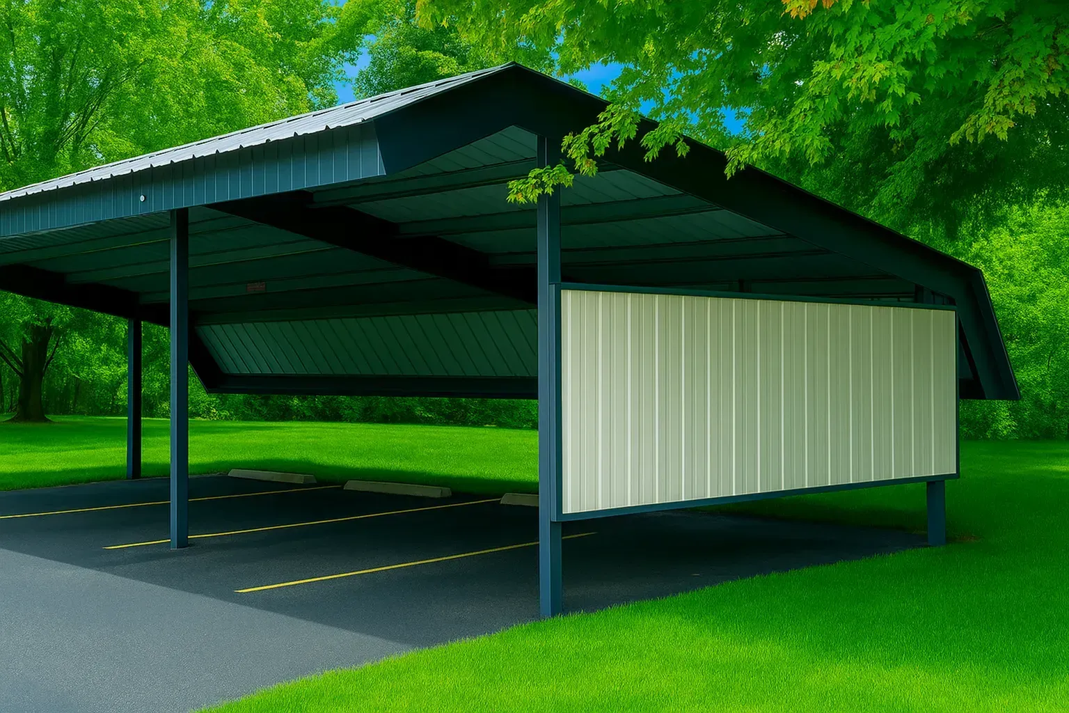 Carport with dark blue frame and cream colored side panel on asphalt with green grass background.