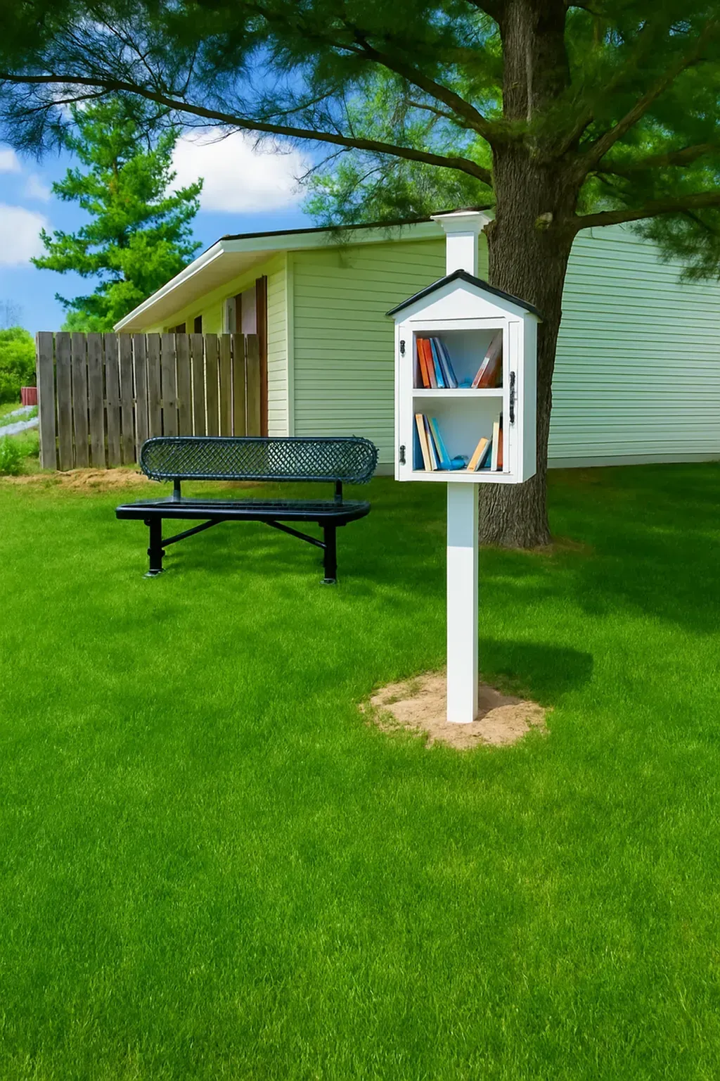 A small, white free library filled with books stands on a grassy lawn next to a black bench.