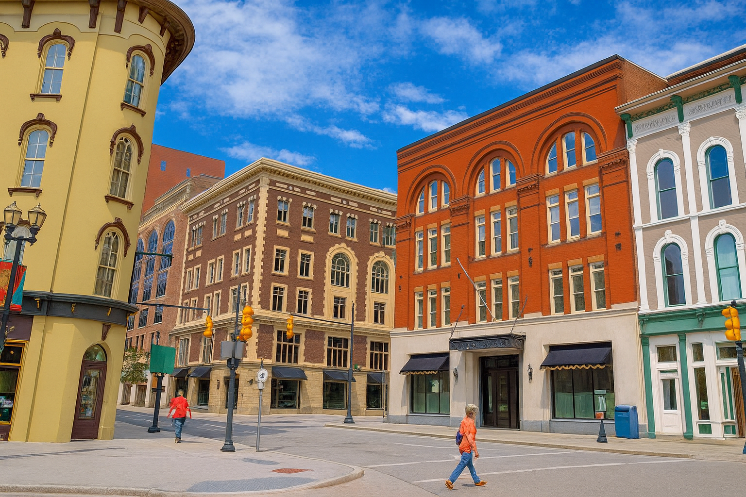 Buildings on a street corner, brick and yellow facades, blue sky, pedestrians.