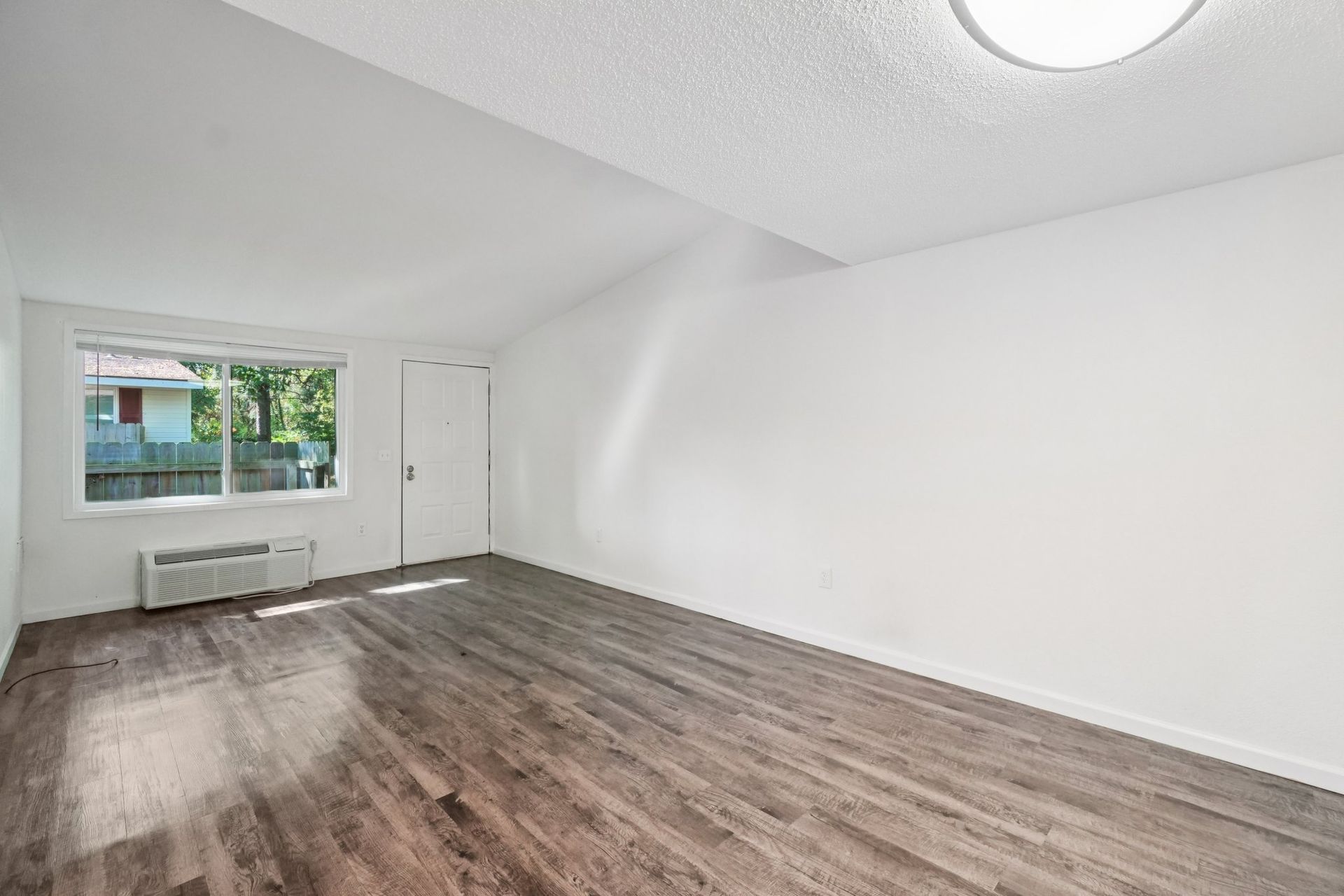 Empty, bright room with a window, door, and wood-look flooring. White walls and ceiling.