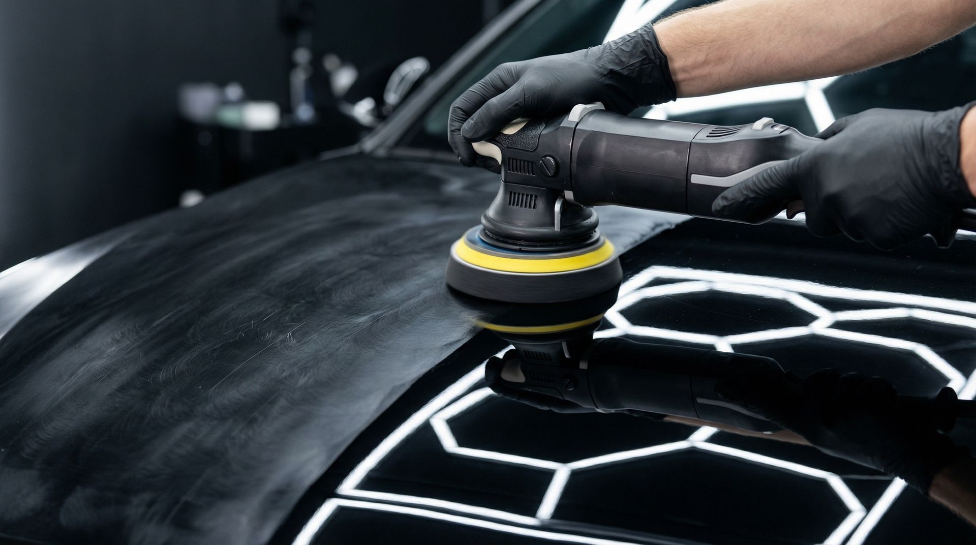 Person polishing a black car hood with a rotary buffer, creating a glossy reflection.