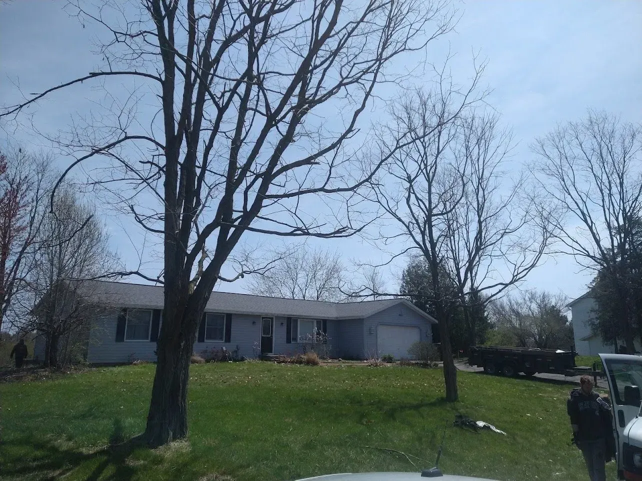 Blue house with gray roof behind leafless trees on a grassy lawn under a clear sky.
