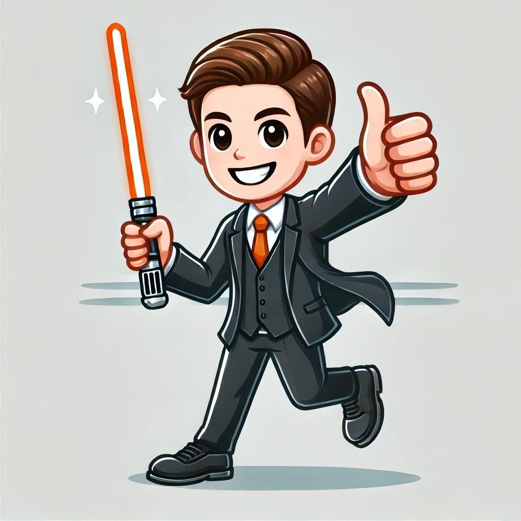 Cartoon businessman running, giving thumbs up, holding orange lightsaber.