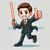 Cartoon businessman running, giving thumbs up, holding orange lightsaber.