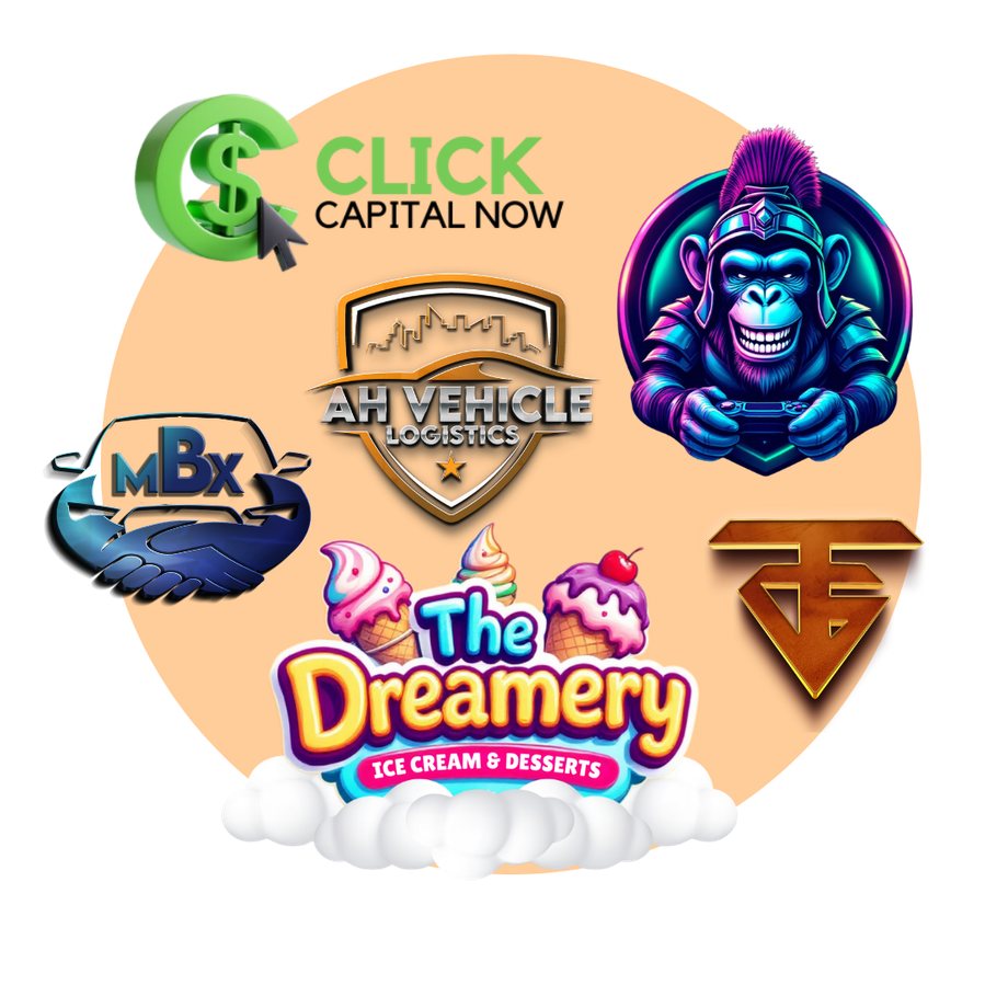 Logos for various businesses including AH Vehicle Logistics, The Dreamery, and a monkey holding a controller.