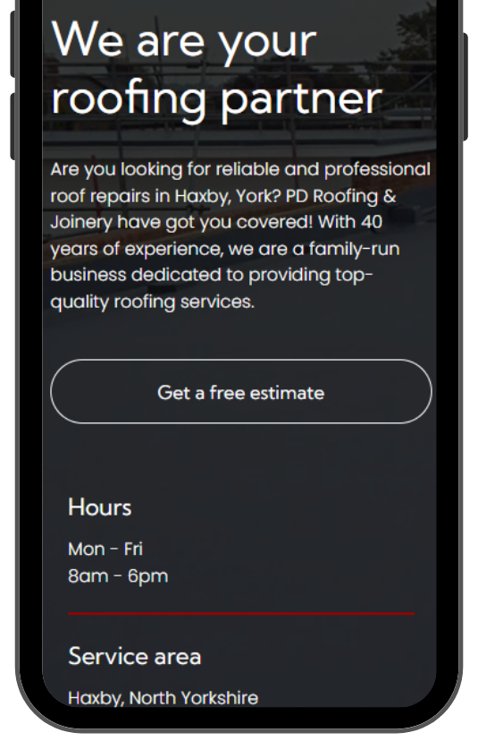 Mobile phone displaying text about roofing services in Haxby, York, with a 