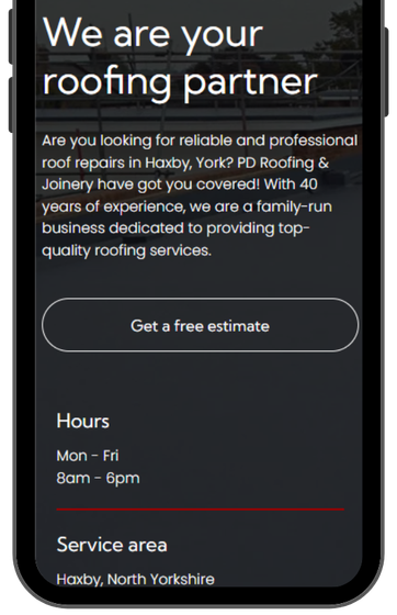 Mobile phone displaying text about roofing services in Haxby, York, with a 