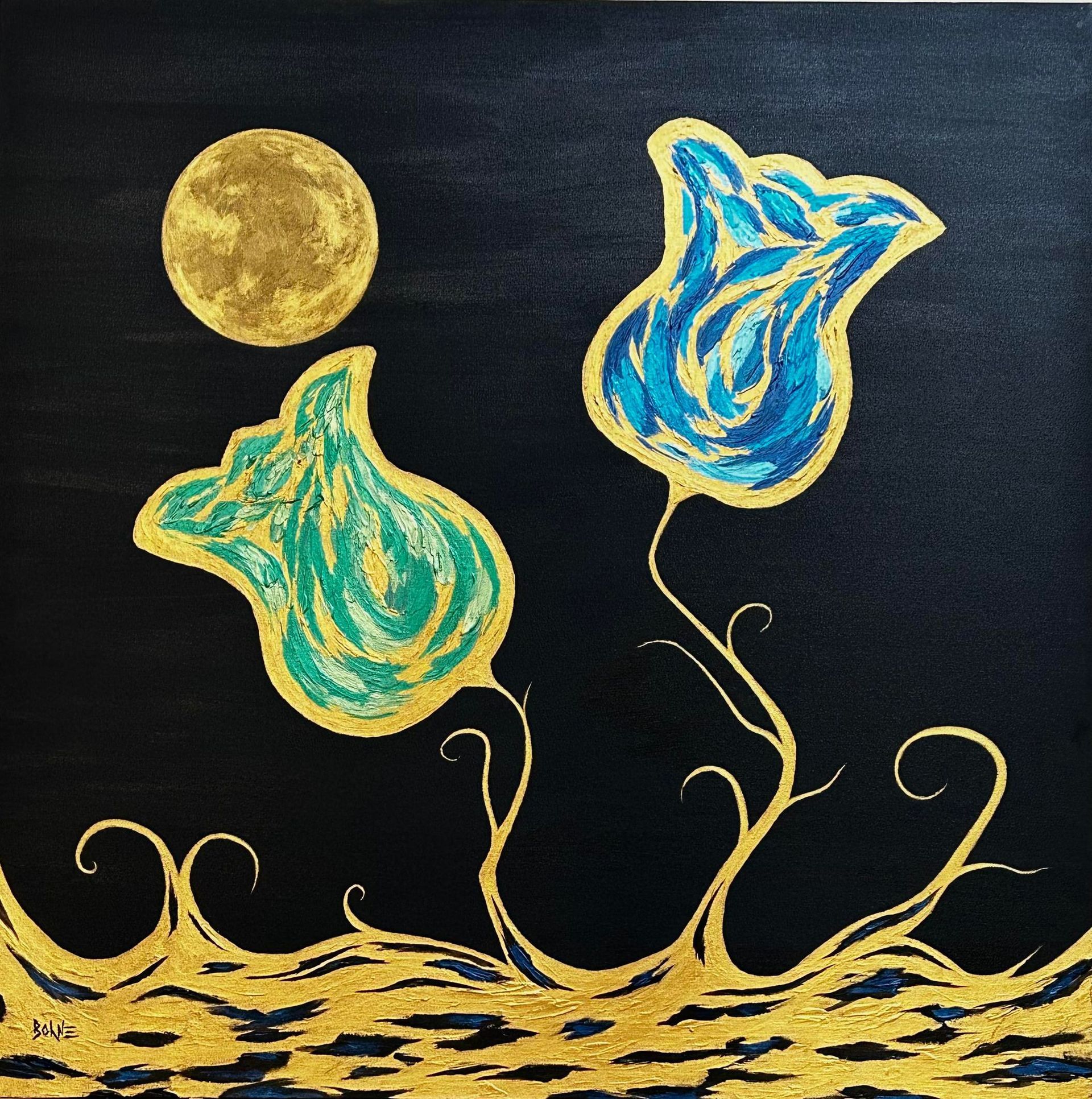 A painting of two flowers with a full moon in the background