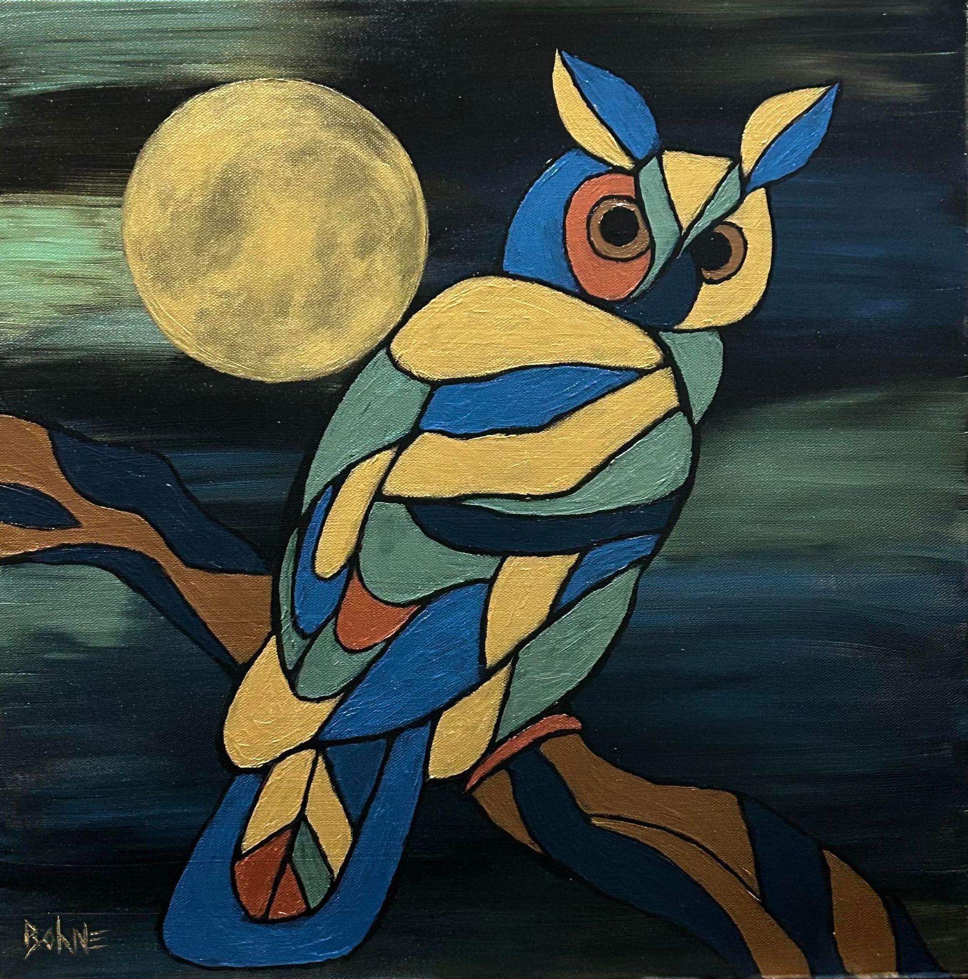 A painting of an owl with a full moon in the background