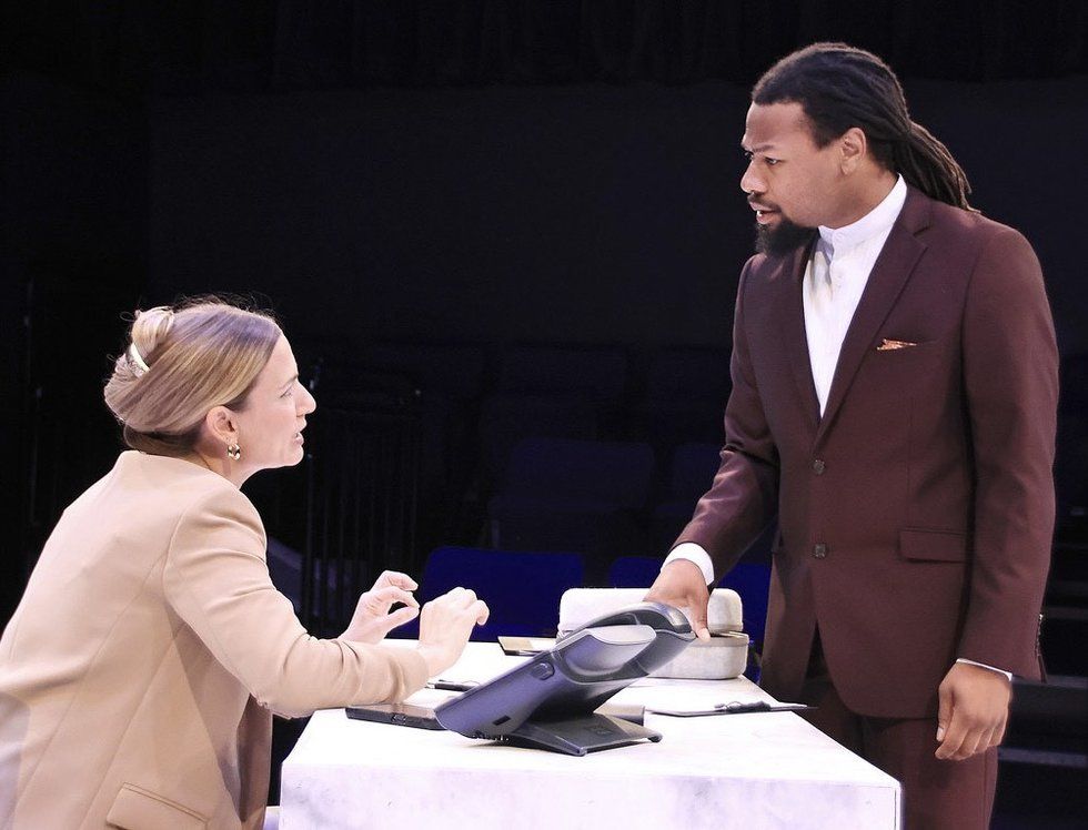 LtoR: Julia Krohn (Rachel), converses with Dillon Dewitt (Chris)