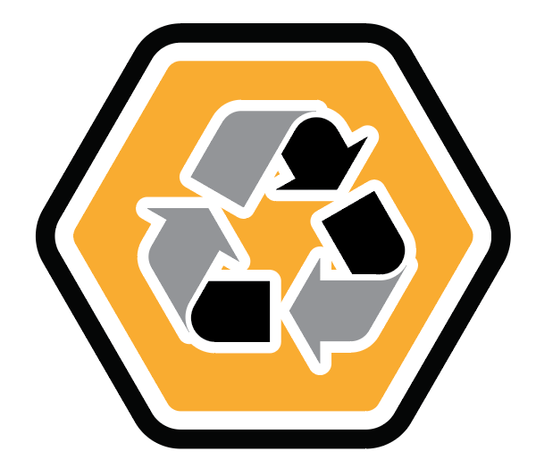 A black and white recycling symbol in a yellow hexagon.