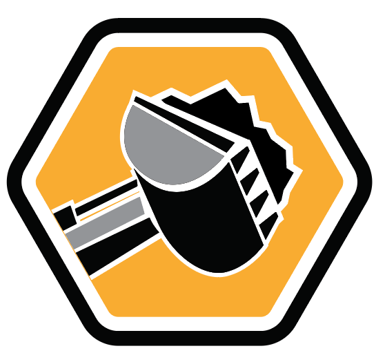 A black and white icon of a bucket with a mountain in the background.