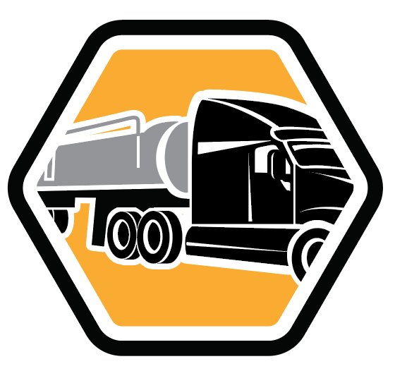 A black and gray semi truck is in a hexagon.