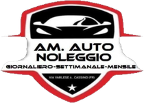 Un logo per AM noleggio auto con un'auto sopra