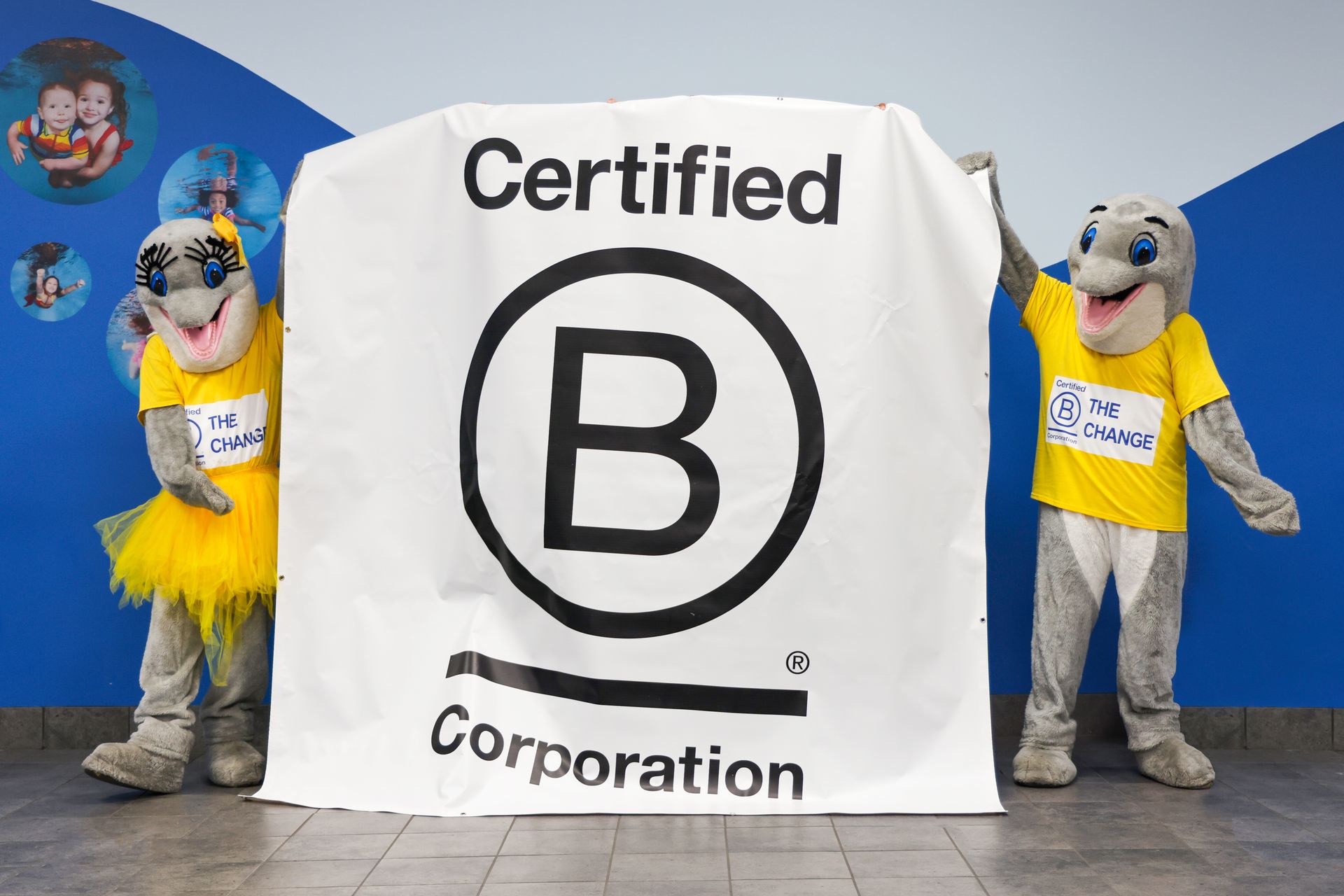 two mascots Sunny and Sol the dolphins holding a certified b corporation sign for a swim school