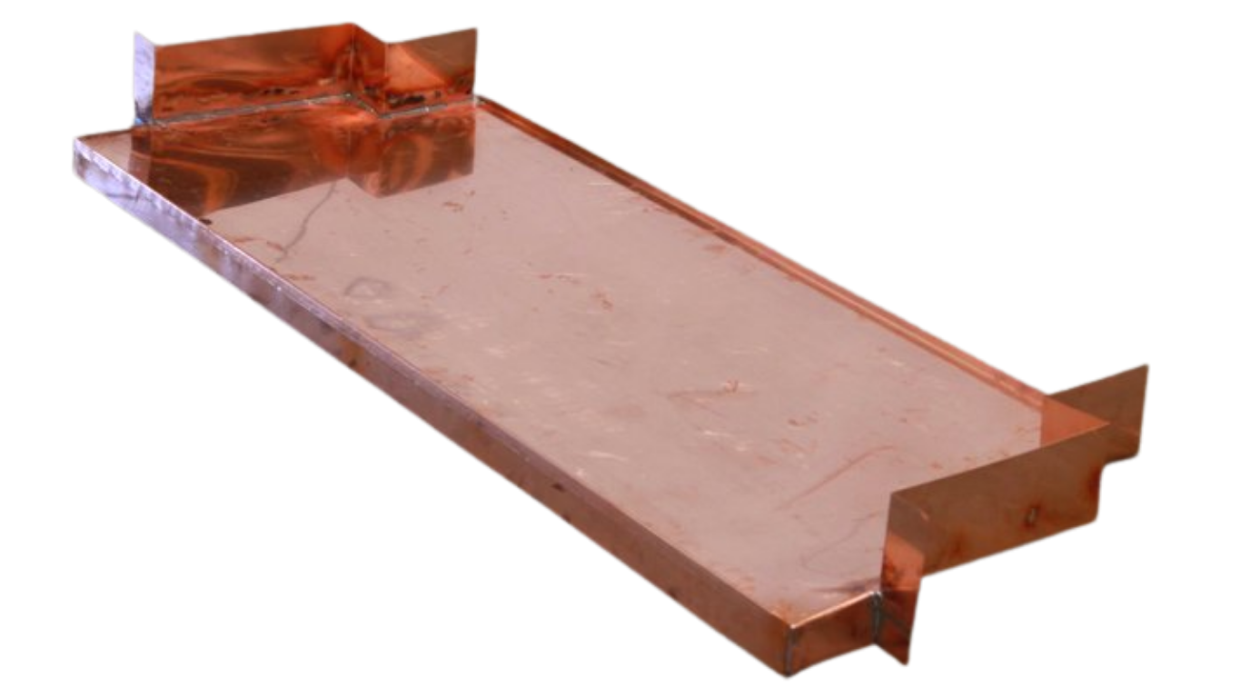 A bunch of metal pieces are stacked on top of each other on a red pallet.